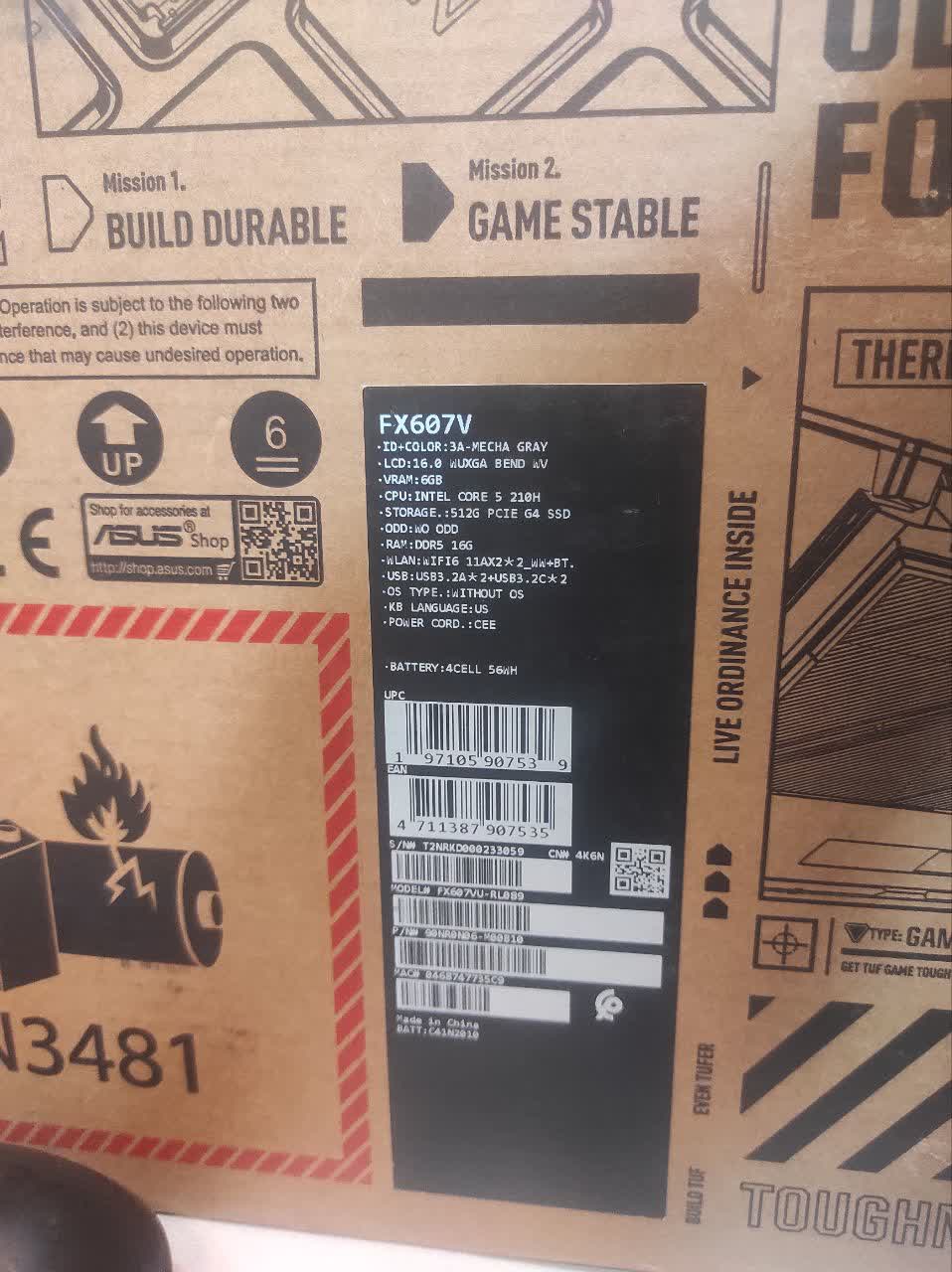 لپ تاپ 16 اینچی ایسوس مدل TUF Gaming FX607VU CORE 5 210H 16GB  1T.B  RTX 4050